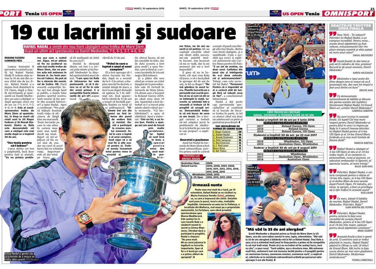 FOTO Rafael Nadal, glorificat de presa internațională după succesul răsunător de la US Open » Cele mai tari pagini întâi