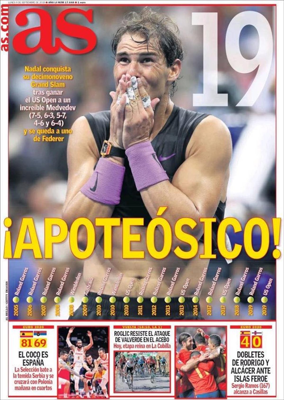 FOTO Rafael Nadal, glorificat de presa internațională după succesul eclatant de la US Open » Cele mai tari pagini întâi