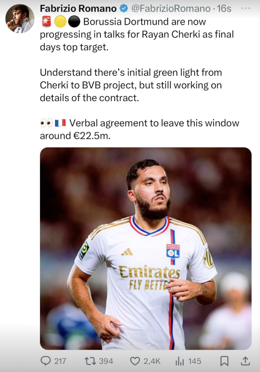 Anunțul făcut de Fabrizio Romano pe X Primul transfer pentru Niko Kovac la Dortmund » Fotbalistul dorit de PSG și Liverpool este foarte aproape de a ajunge pe Signal Iduna Park