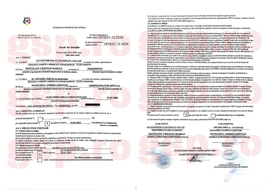 Acesta e acordul de transfer dintre Dinamo și Oțelul pentru Alexandru Pop, document încheiat la finalul anului trecut Avem acordul de transfer Oțelul – Dinamo pentru Alexandru Pop! Suspiciuni de sume mascate: „Am trimis documentul la juriști”