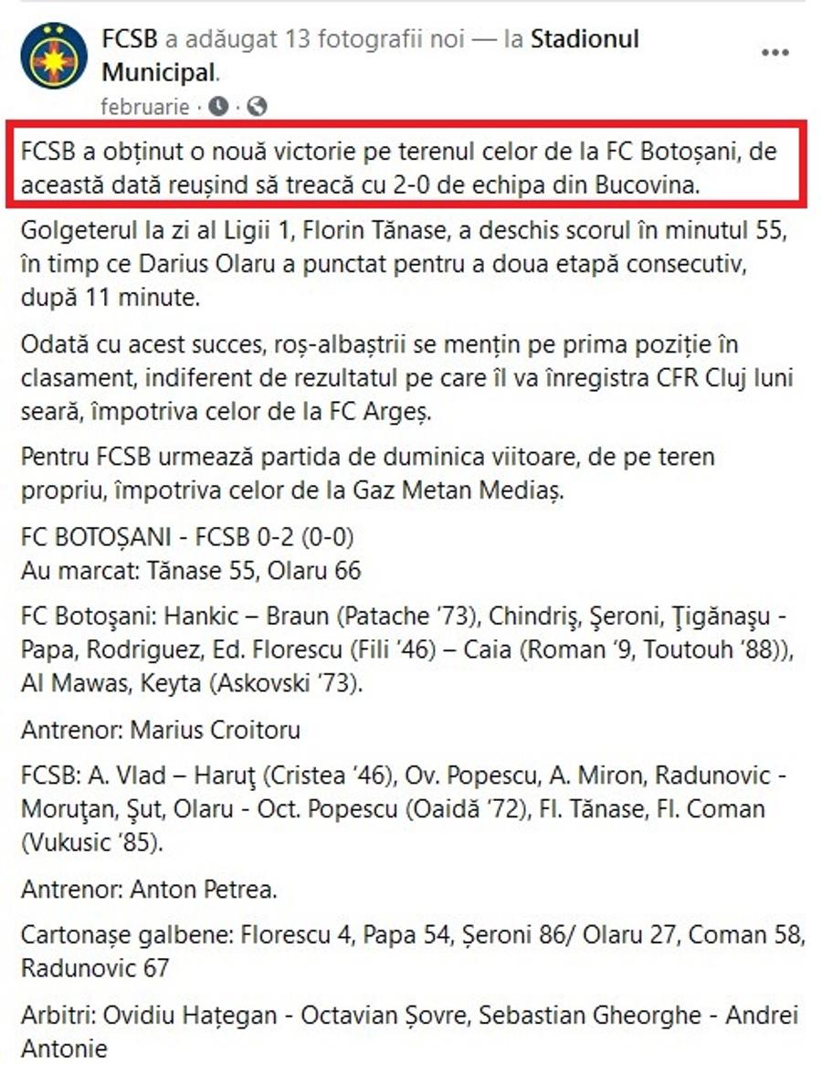 FCSB, taxată de fani după mesajul de pe Facebook: „S-a retras Botoșani din Moldova?”