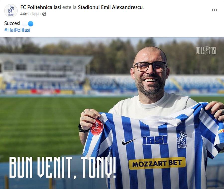 captură Facebook @Politehnica Iași Prezentare neobișnuită » Cum a anunțat Poli Iași că Tony e noul antrenor al echipei