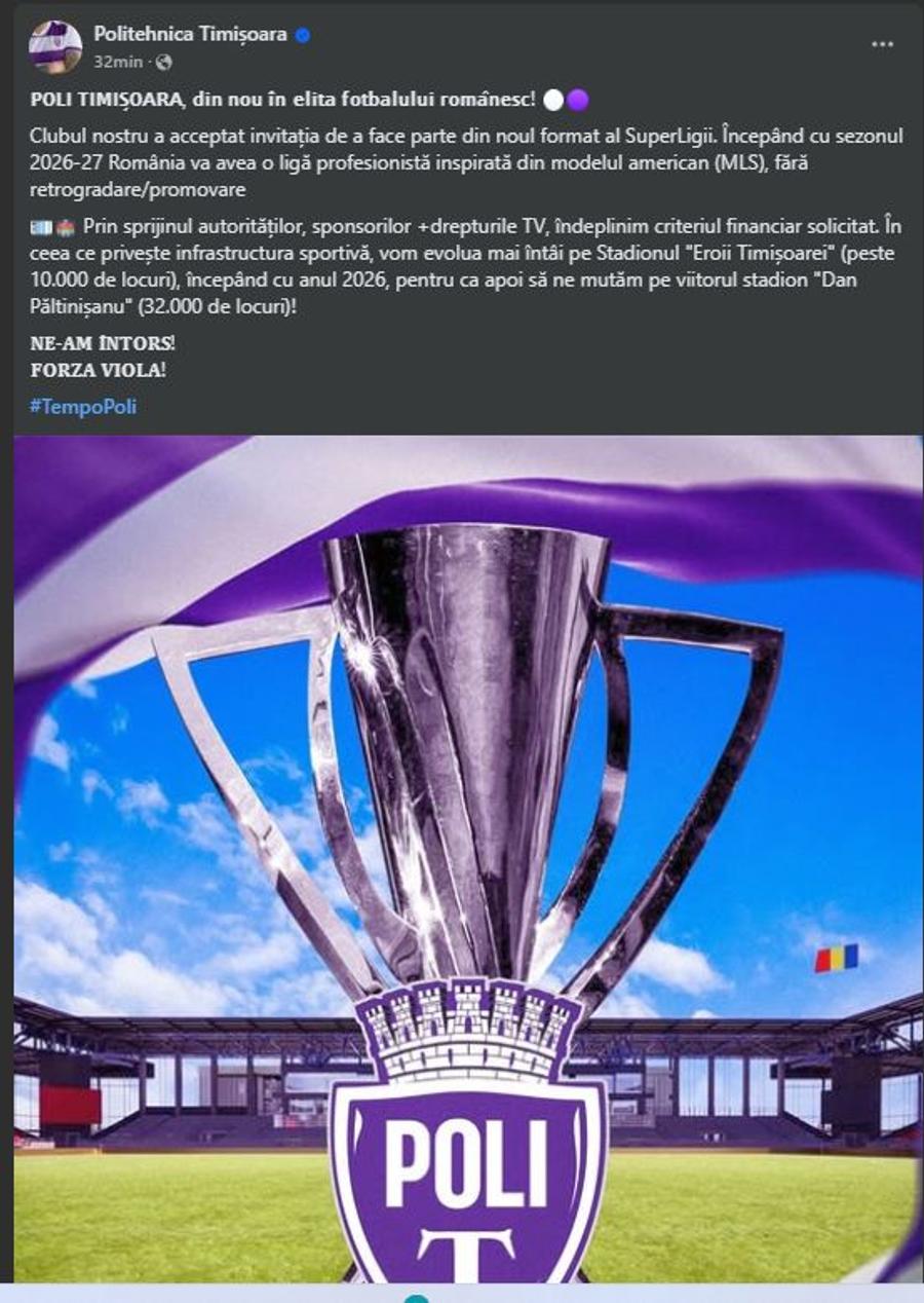 Poli Timișoara anunță revenirea în elita fotbalului românesc...de 1 aprilie, foto: captură Facebook „Ne-am întors! Revenim în Superliga” » Sunt în Liga 3, dar se țin de farse. Gluma care nu le-a picat bine suporterilor: „Vine și Mourinho antrenor?”