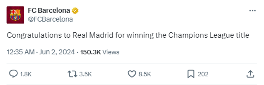 Mesajul Barcelonei către Real Madrid (Foto: Barcelona „X”) Barcelona a reacționat! Gestul făcut la câteva minute după triumful Realului în Liga Campionilor