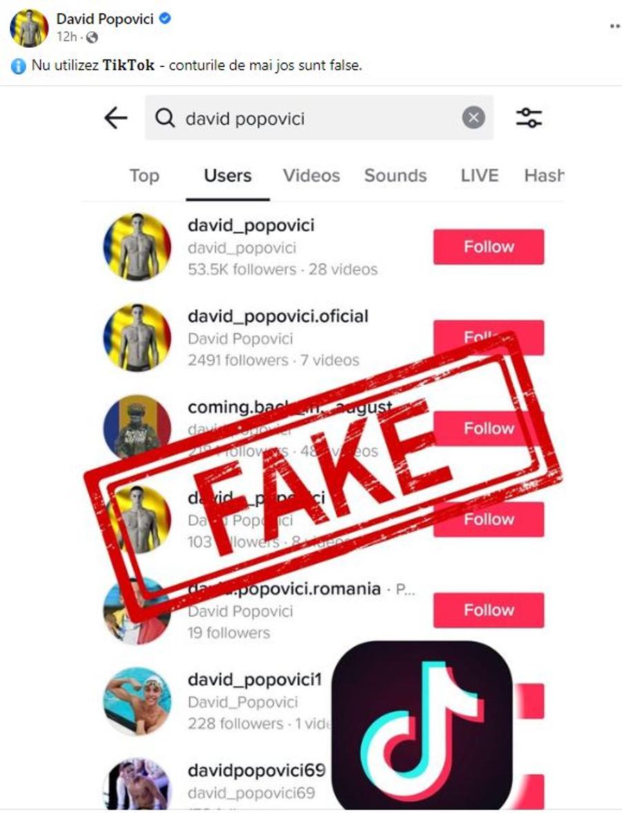 Mesajul postat de Popovici pe Instagram David Popovici, mesaj după ce tot mai multă lume încearcă să se folosească de imaginea lui: „FAKE!”