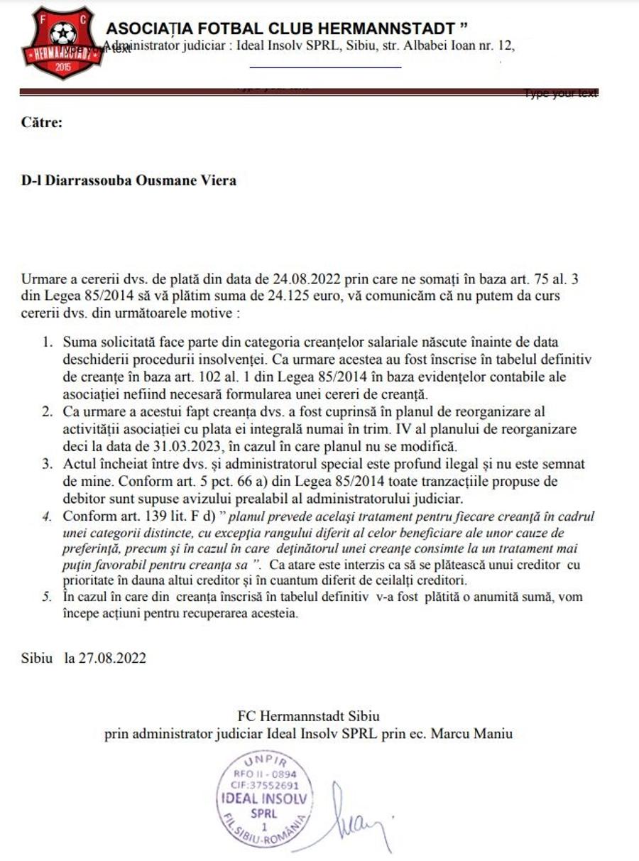 Documentul prin care Vieira înștiințează Hermannstadt Continuă scandalul: Ousmane Viera cere falimentul lui Hermannstadt