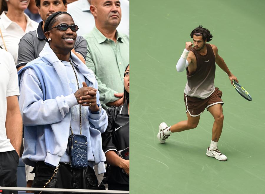 Rapperul Travis Scott (stânga) și setul creat în colaborare cu Nike pentru Carlos Alcaraz (dreapta) După o pauză de 139 de zile, Alcaraz a revenit cu o victorie în primul tur la US Open » Prezență inedită în tribune