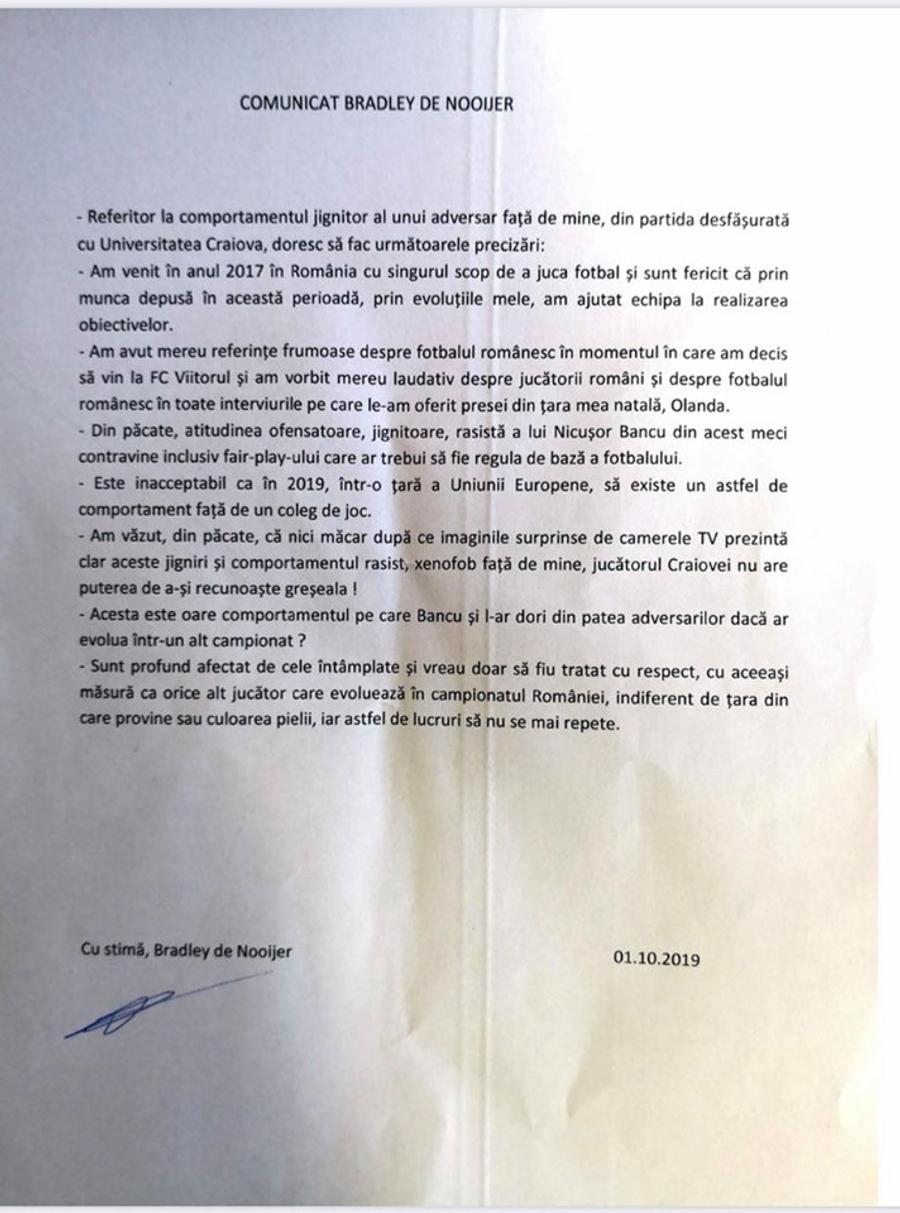 Prima reacție a lui Bradley De Nooijer, după incidentul rasist de la Craiova: „Sunt profund afectat, nici acum nu recunoaște Bancu?”
