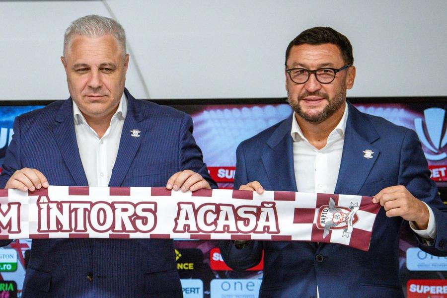 Marius Șumudică și Viorel Moldovan, la conferința de prezentare a antrenorului / foto: facebook.com/FCRapid1923oficial Rapid, anunț pentru GSP: „Îl sprijinim pe Marius Șumudică, este și va rămâne antrenorul echipei”