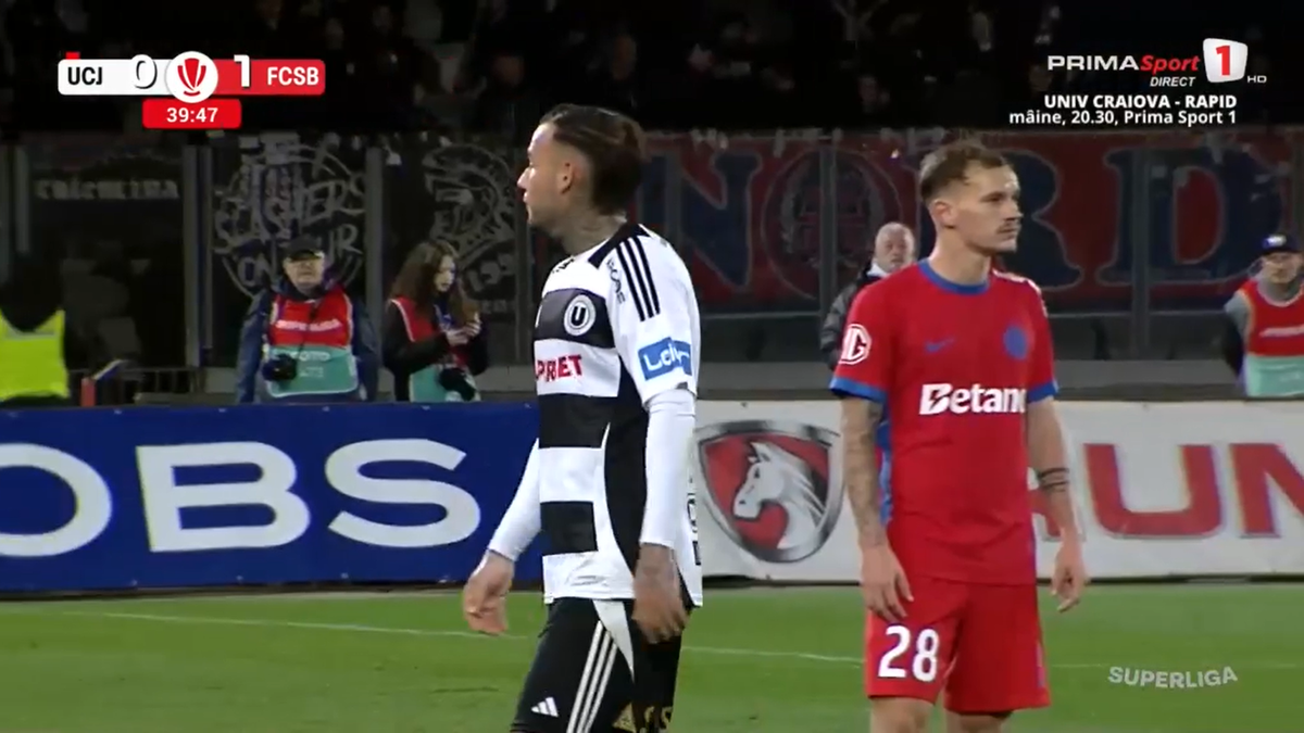 Fază controversată în U Cluj - FCSB » ELIMINAT după două „galbene” în 3 minute