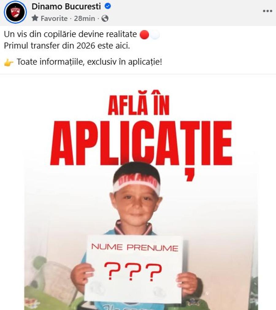 Postarea inițială pe Facebook Fail la prezentarea noului transfer al lui Dinamo: „Află în aplicație”, dar aplicația nu funcționa!