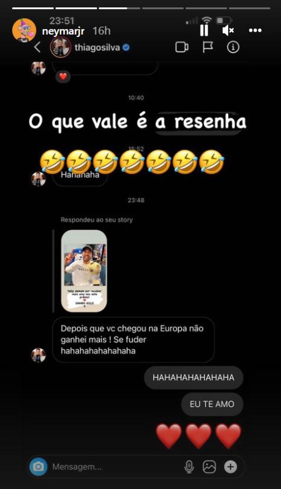 Mesajul lui Thiago Silva // Sursa: Instagram @neymarjr Neymar, premiat în Brazilia! Thiago Silva l-a asaltat cu mesaje: „Să te f***! N-am mai câștigat nimic de când ai venit în Europa”