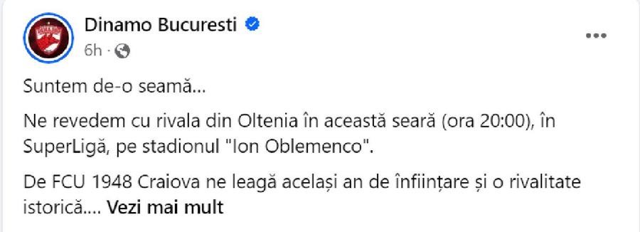 Postarea apărută pe pagina oficială a lui Dinamo „Suntem de-o seamă” » Postarea care a inflamat spiritele în ziua meciului FCU Craiova - Dinamo: „Ne leagă același an de înființare”