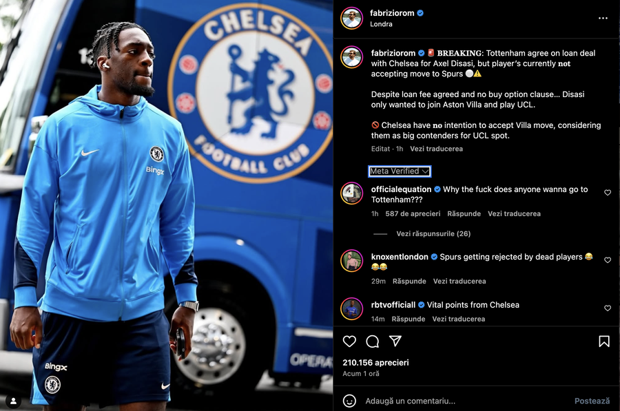 Anunțul făcut de Fabrizio Romano pe pagina sa de Instagram Chelsea și Tottenham s-au înțeles, dar jucătorul nici n-a vrut să audă » Fotbalistul care i-a refuzat categoric pe Spurs