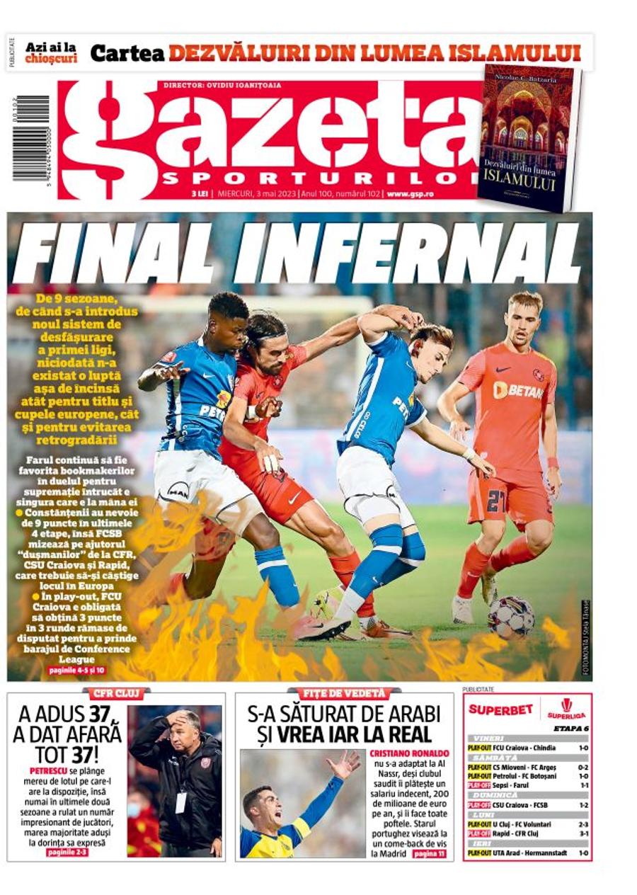 Gazeta Sporturilor, ediția de azi Final de foc în SuperLiga » Calculele complete pentru primele 3 clasate: bătălia teribilă pentru Conference League decide titlul