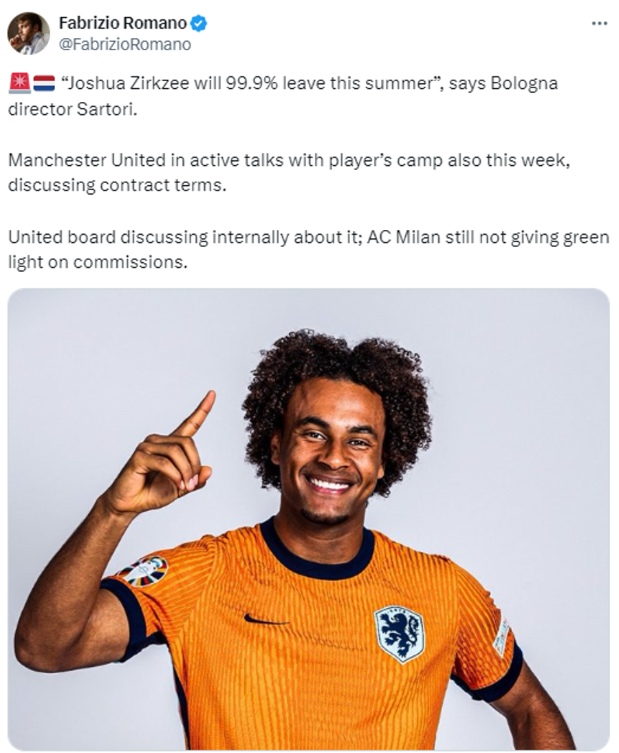 Detaliile despre transferul lui Joshua Zirkzee / Captură de ecran Fabrizio Romano (X) Atacantul Olandei, aproape de un transfer spectaculos: „Va pleca 99%” » Manchester United și AC Milan se bat pentru semnătura lui