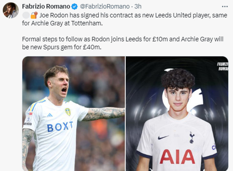 Fabrizio Romano a confirmat mutările făcute de Tottenham: Joe Rodon (stânga) și Archie Gray (dreapta) Tottenham, afacere de 50 de milioane de lire sterline cu Leeds United » Un potențial concurent pentru Radu Drăgușin a fost cedat
