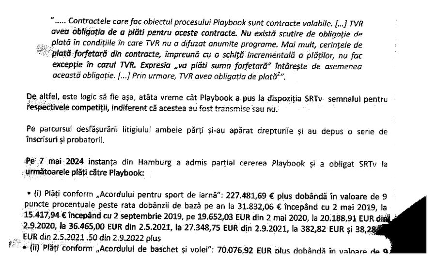 documentul Direcției Juridice a TVR TVR, obligată de un tribunal din Germania să achite 380.000 de euro pentru competiții pe care nu le-a difuzat. Televiziunea și-a denunțat angajații
