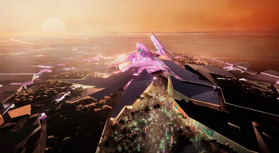 Așa va arăta unul dintre noile stadioane la CM 2034 din Arabia Saudită / Foto: dezeen.com Proiectul SF saudit va înghiți sute de miliarde $ » Stadion futurist, situat la 350 metri de sol, accesibil cu lifturi ultrarapide și vehicule fără șofer + Neom răsare în orașul de 170 km ce acum nu există!