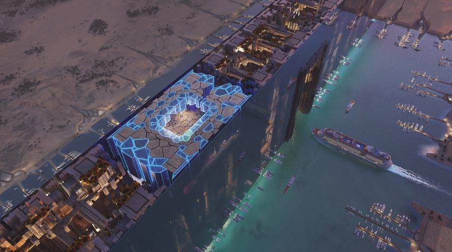 Arena NEOM, privită de sus, va putea fi traversată pe dedesubt de vapoare / Foto: dezeen.com Proiectul SF saudit va înghiți sute de miliarde $ » Stadion futurist, situat la 350 metri de sol, accesibil cu lifturi ultrarapide și vehicule fără șofer + Neom răsare în orașul de 170 km ce acum nu există!