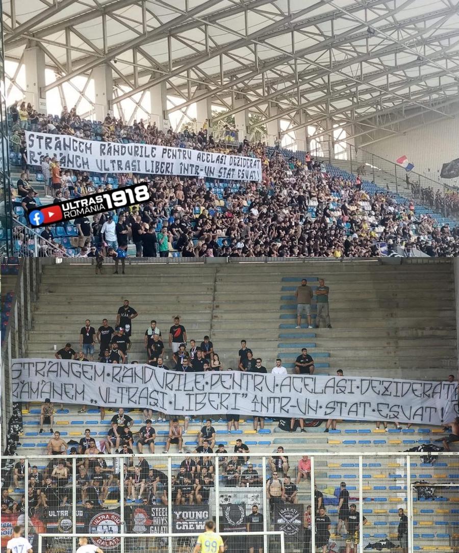Sus, mesajul afișat de Petrolul, jos - de Oțelul Mesaj afișat în miez de noapte la Stadionul Dinamo: „Am ajuns să fim abuzați și urmăriți asemeni unor infractori deosebit de periculoși”