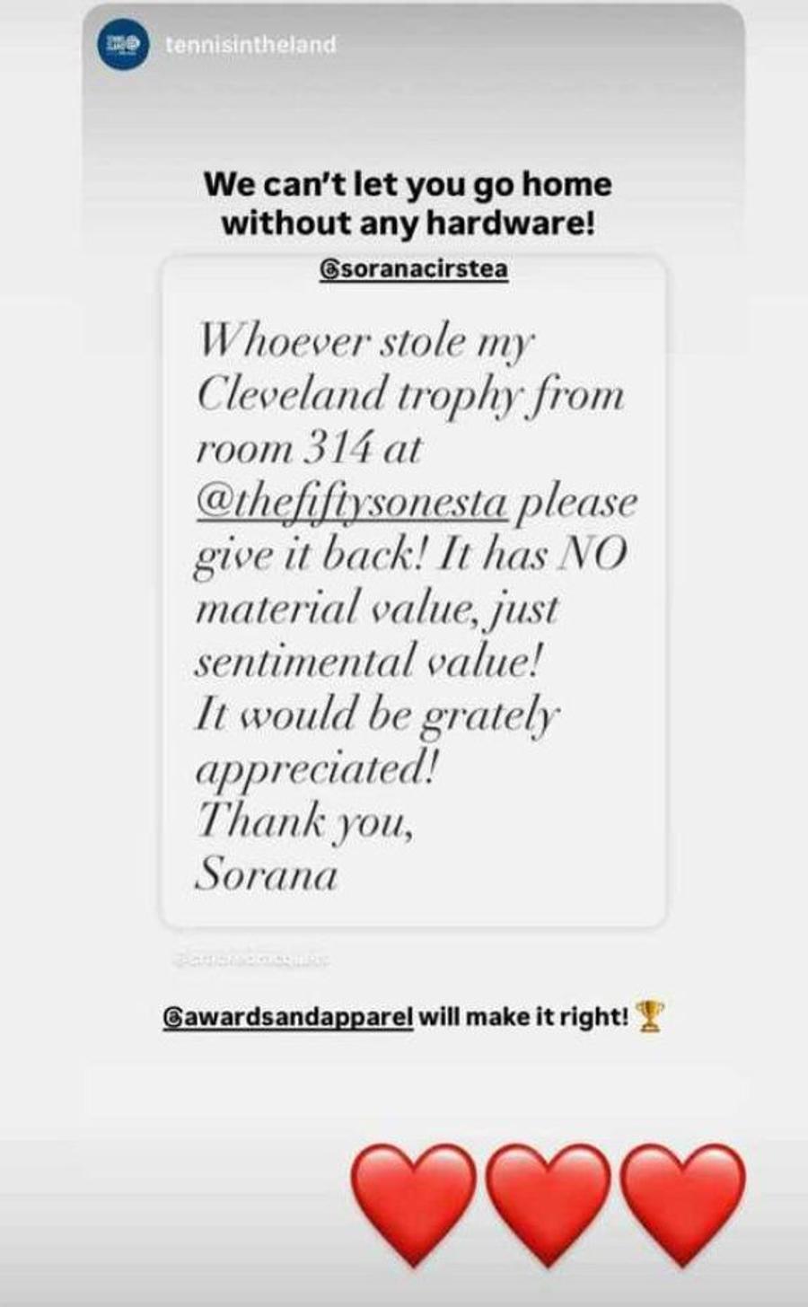 Mesajul celor de la Tennis in the Land privind trofeul Soranei Cîrstea Sorana Cîrstea are motive de bucurie, după ce i-a fost furat trofeul de la Cleveland » Ce imagine a postat la plecarea din America