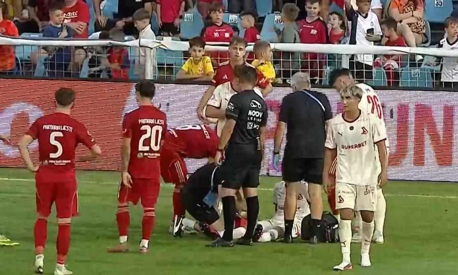 Cătălin Cîrjan s-a accidentat și a fost înlocuit cu Ianis Tarbă / FOTO: captură Prima Sport Antrenament pentru FCSB! Dinamo a rezolvat meciul cu Sporting Liești din Cupa României Betano în prima repriză
