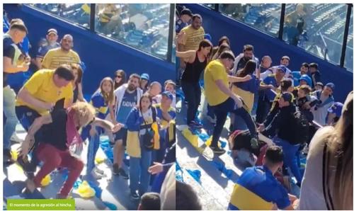 Un fan al lui River Plate, prins de un grup de susținători ai lui Boca Juniors. Sursă foto: ole.com.ar