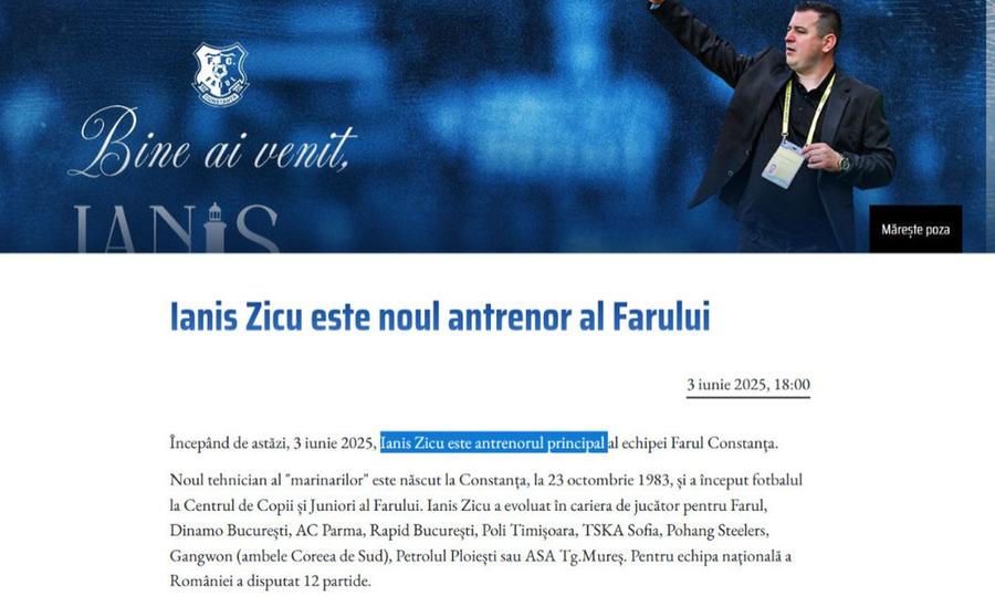 Comunicatul Farului de pe 3 iunie Situație incredibilă la clubul lui Gică Hagi: „Ianis Zicu nu e antrenorul Farului. El e”