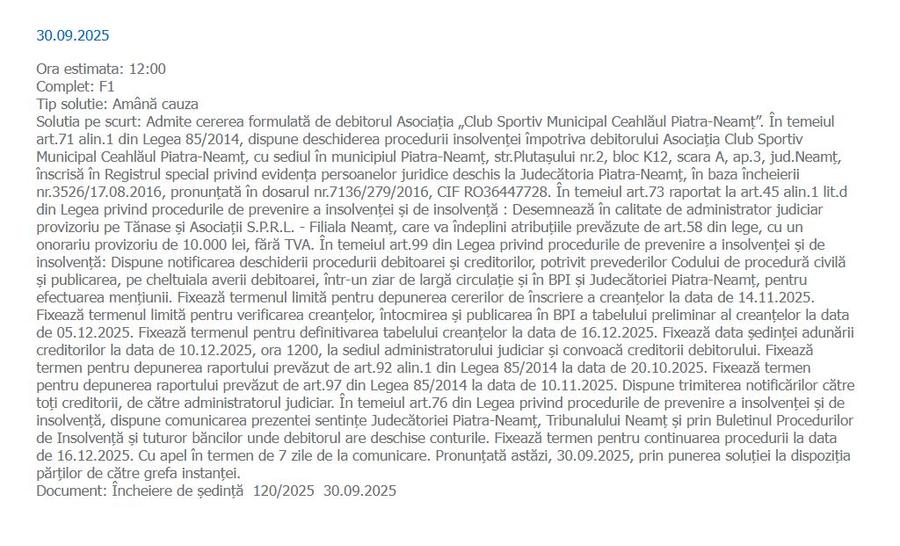 Ceahlăul a intrat în insolvență. FOTO: portal.just.ro Zăvăleanu, treci și pe la ei? Oficial, încă un club din România a intrat în insolvență! Datorii uriașe