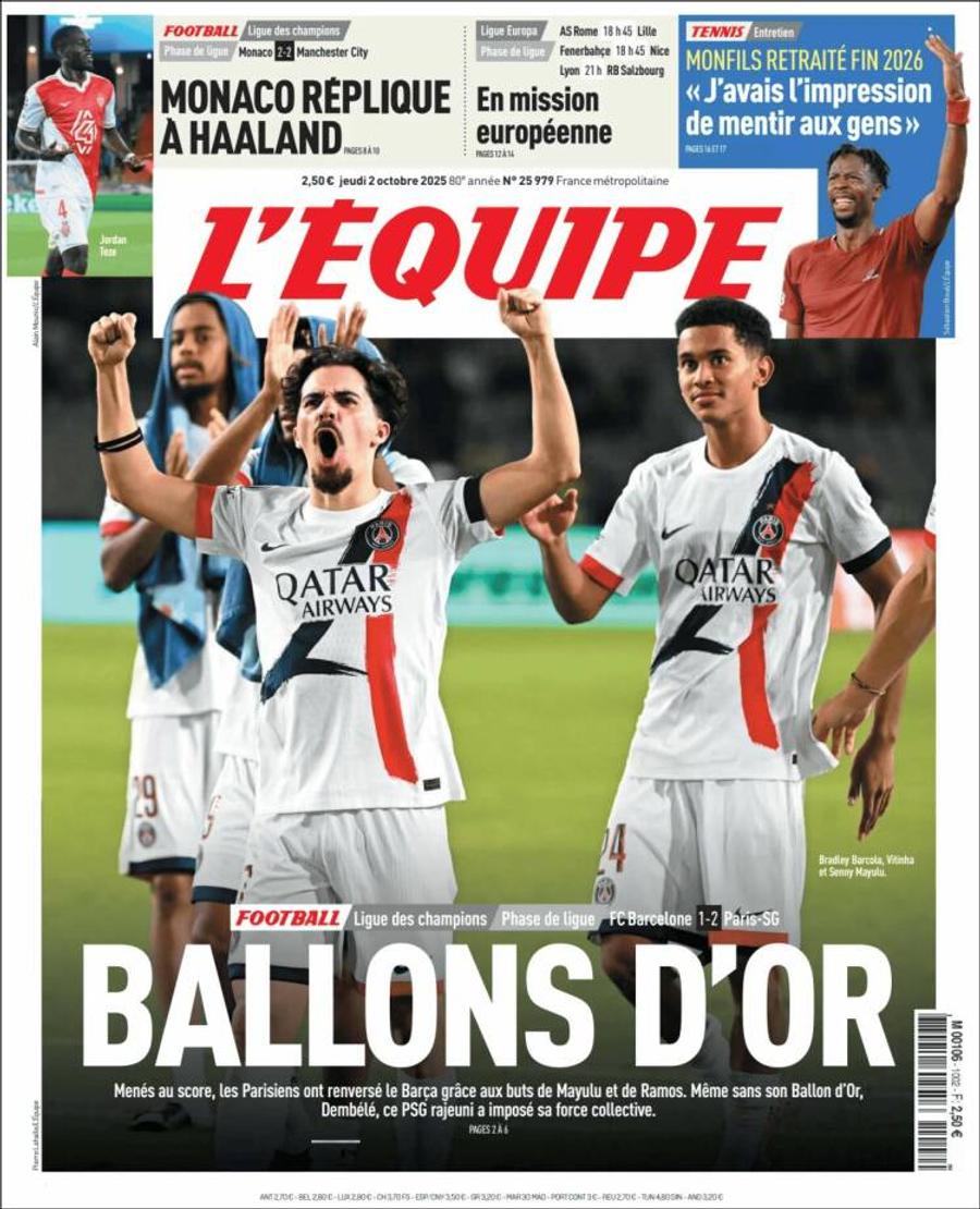 Coperta de joi a cotidianului L'Equipe Ziarele spaniole și franceze o distrug pe Barcelona: „La mila lui PSG!” » Marea problemă a catalanilor