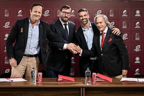 Alin Petrache (al doilea din stânga), președintele Federației Române de Rugby, alături de președinții federațiilor din Georgia, Spania și Portugalia, la înființarea Alianței Celor Patru Națiuni