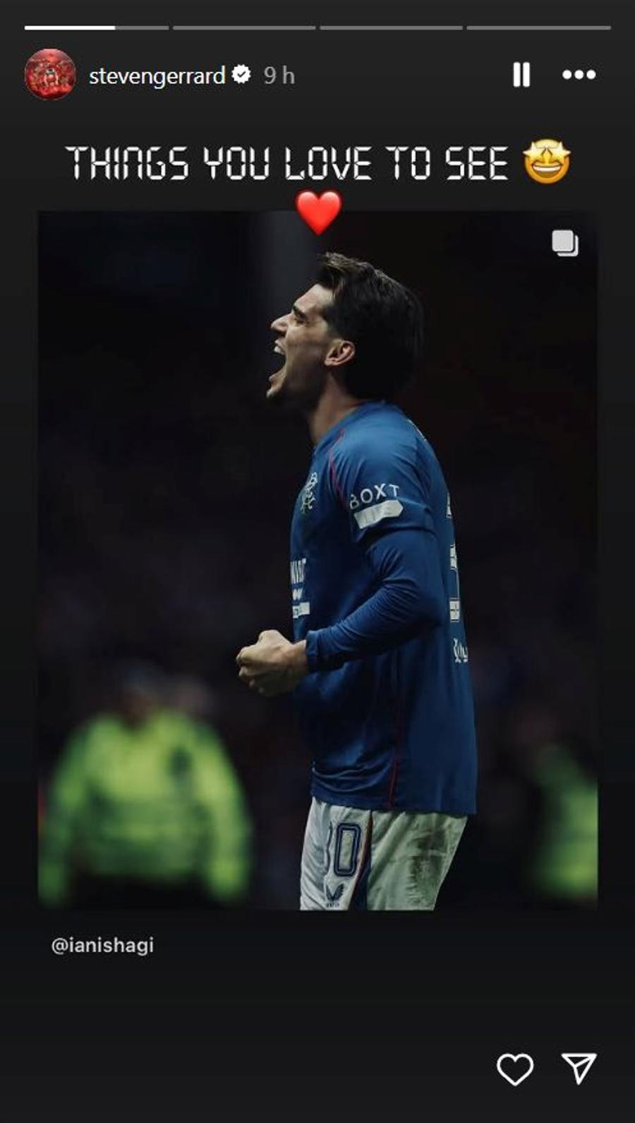 Sursă foto: Instagram Steven Gerrard, mesaj de 5 cuvinte după golul lui Ianis Hagi în derby-ul cu Celtic » Legenda lui Liverpool a distribuit postarea românului