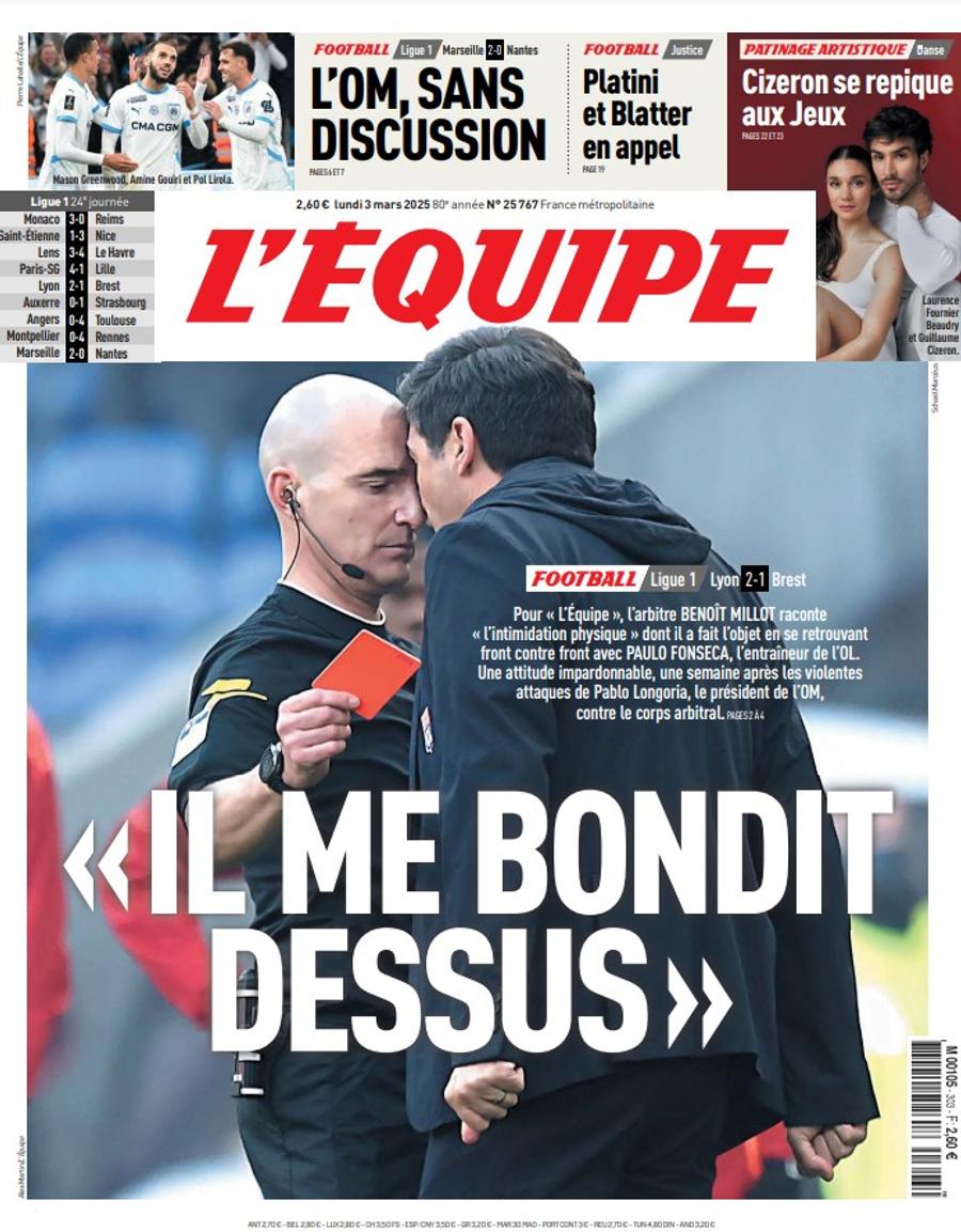 Așa arată coperta cotidianului L'Equipe de astăzi, cu confruntarea fizică între Paulo Fonseca, antrenorul lui Lyon, și arbitrul meciului cu Brest (2-1) L'Equipe i-a dat nota ZERO și l-a făcut praf » Antrenorul adversarei lui FCSB își află miercuri maxisuspendarea!