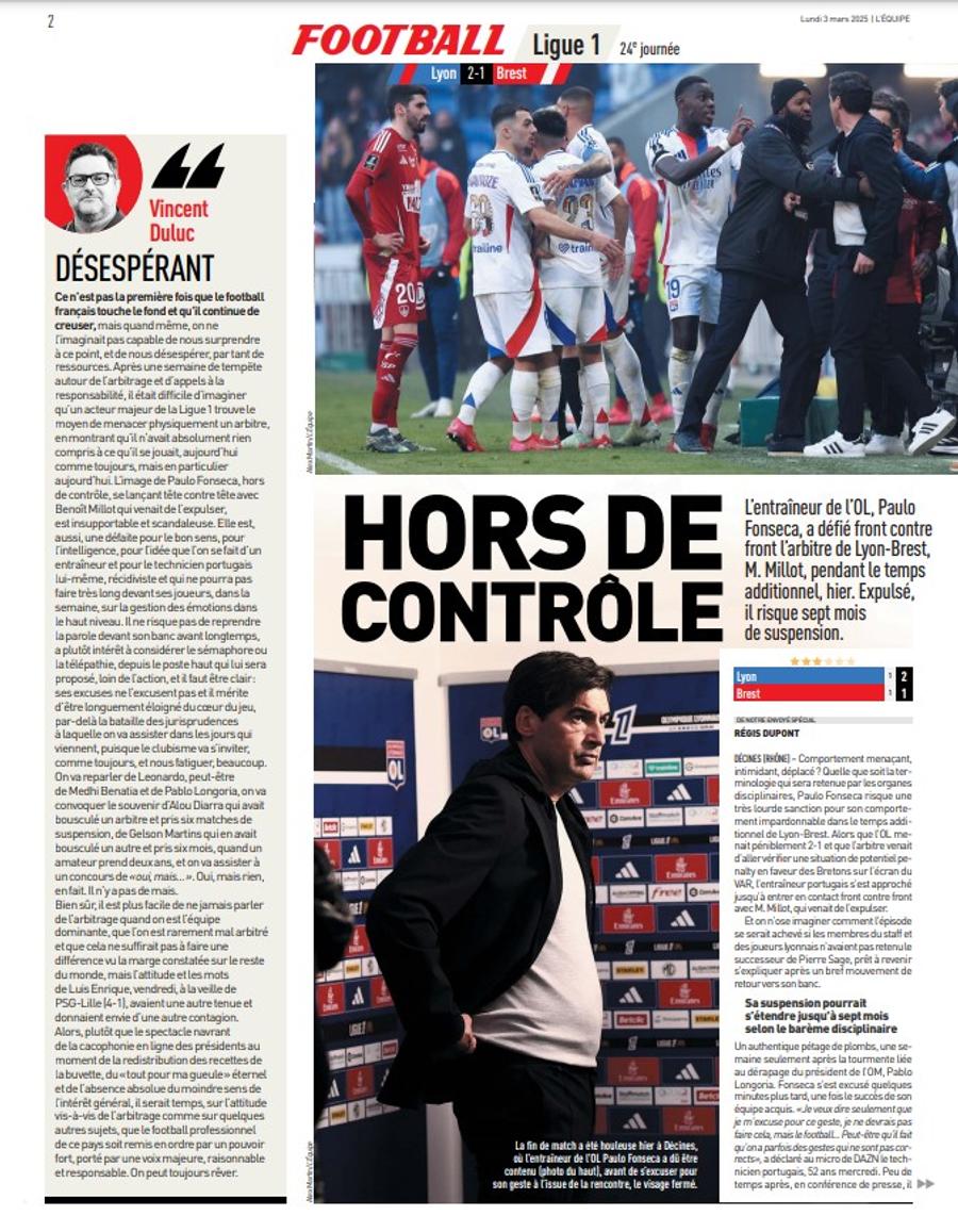 Pagina 2 din L'Equipe cu editorialul acid al redactorului șef și articolul „În afara controlului” despre episodul golănesc al lui Paulo Fonseca L'Equipe i-a dat nota ZERO și l-a făcut praf » Antrenorul adversarei lui FCSB își află miercuri maxisuspendarea!