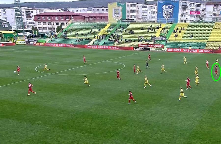 Popadiuc, în ofsaid în momentul pasei / FOTO: Captură TV @Digi Sport 1 Fază bizară în Mioveni - Chindia » Chivulete a anulat un gol după 5 minute de analiză în camera VAR! Ce a descoperit