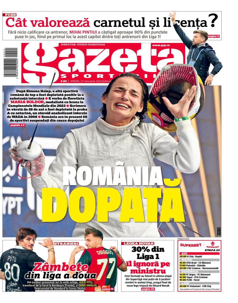 Prima pagină a Gazetei, pe 23 ianuarie 2023, care anunța cazul de dopaj al sportivei Maria Boldor „Am fost amenințată cu bătaia, ABUZATĂ și DOPATĂ fără să știu!” » O medaliată la Mondiale face acuzații ȘOCANTE pentru GSP: „Am fost idioată, sunt cel mai curat sportiv din România”