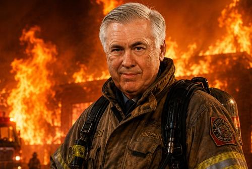 Carlo Ancelotti, pompier și arsonist, montaj foto realizat cu ajutorul AI