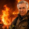 Carlo Ancelotti, pompier și arsonist, montaj foto realizat cu ajutorul AI