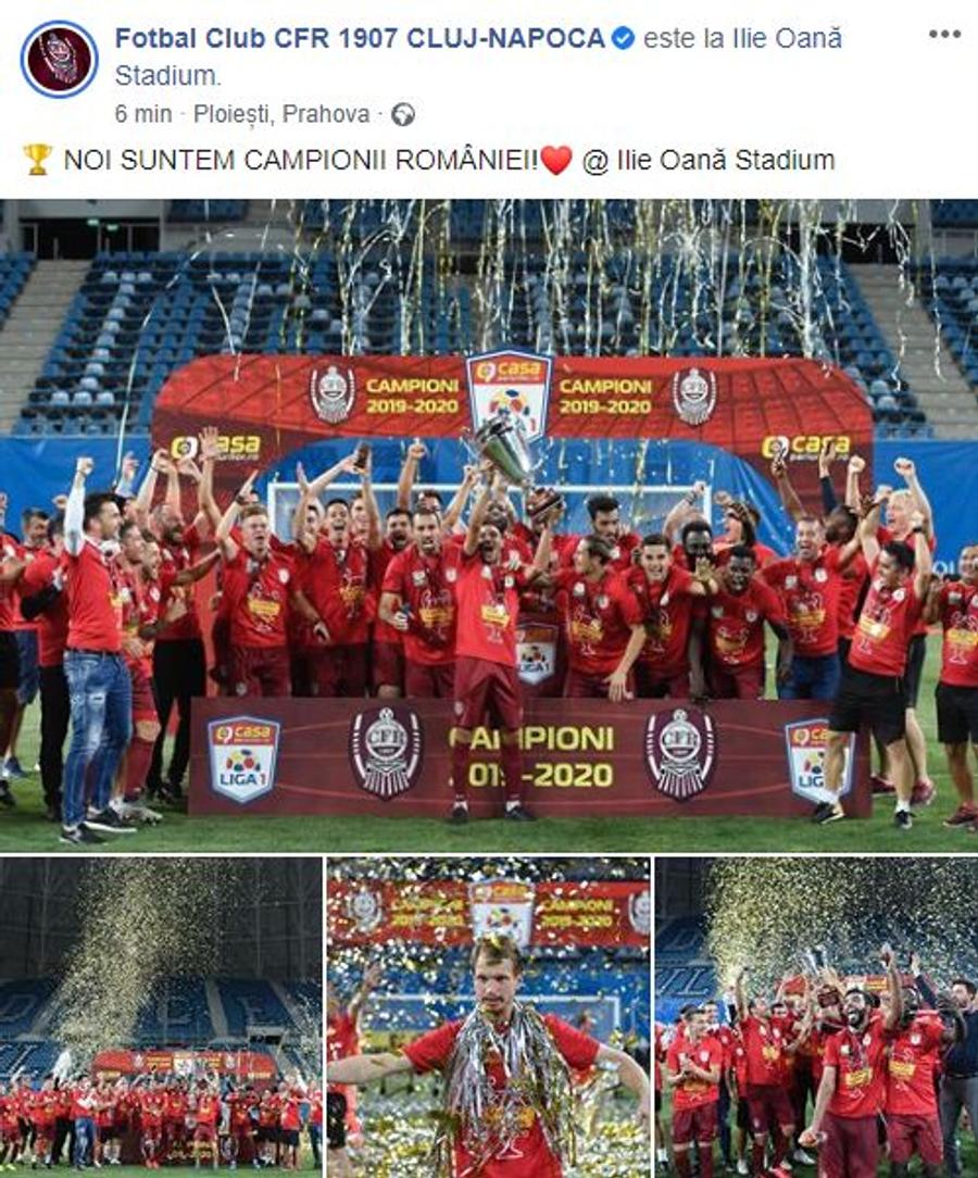 captură Facebook @ Fotbal Club CFR 1907 CLUJ-NAPOCA CFR CLUJ, campioană // De bucurie au uitat unde se află! Ce a fost postat pe contul oficial de Facebook al ardelenilor imediat după meci :D