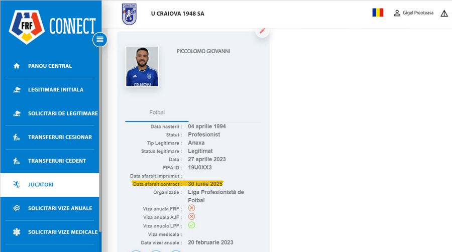 FCU Craiova a înregistrat la FRF contractul lui Giovanni Piccolomo, valabil în perioada 1 iulie 2023-31 iunie 2025 Impresarul lui Giovanni Piccolomo atacă dur FCU Craiova: „Amatori și bandiți” » Adrian Mititelu: „Declarații iresponsabile” + documentele cu care se apără