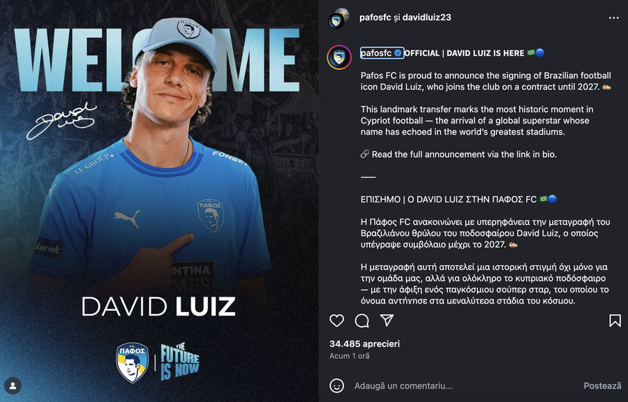 Anunțul oficial al transferului lui David Luiz, făcut de cei de la Pafos pe pagina de instagram a clubului Pafos a dat lovitura pe piața transferurilor » Vlad Dragomir va fi coleg cu un câștigător de Champions League