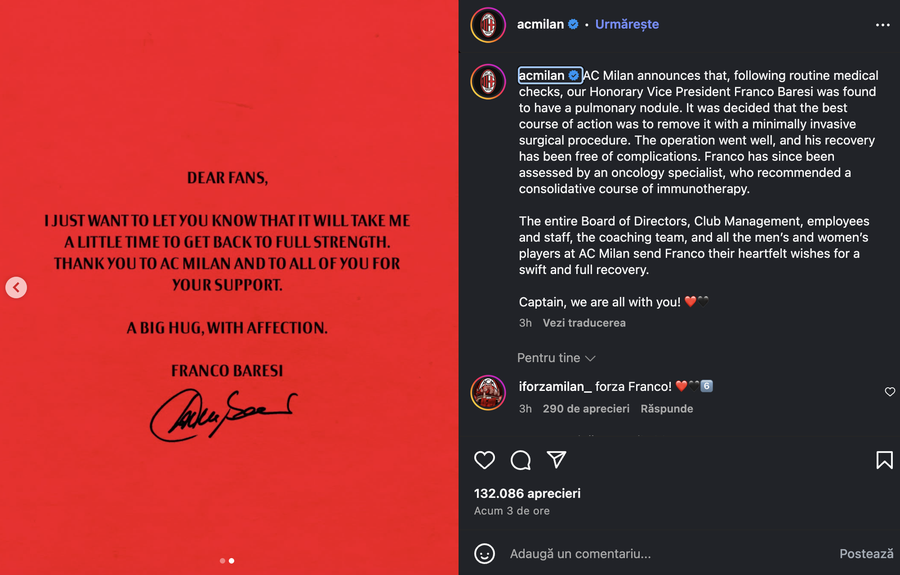 Comunicat AC Milan: legenda Franco Baresi a suferit o intervenție chirurgicală complicată