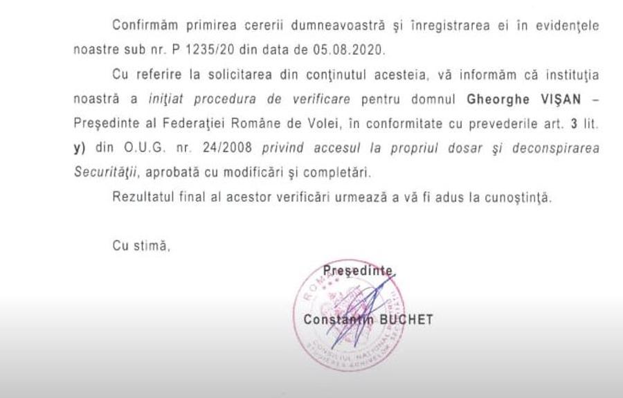 Cererea înregistrată la CNSAS CNSAS verifică dacă Gheorghe Vișan, președintele Federației Române de Volei, a fost informator al Securității