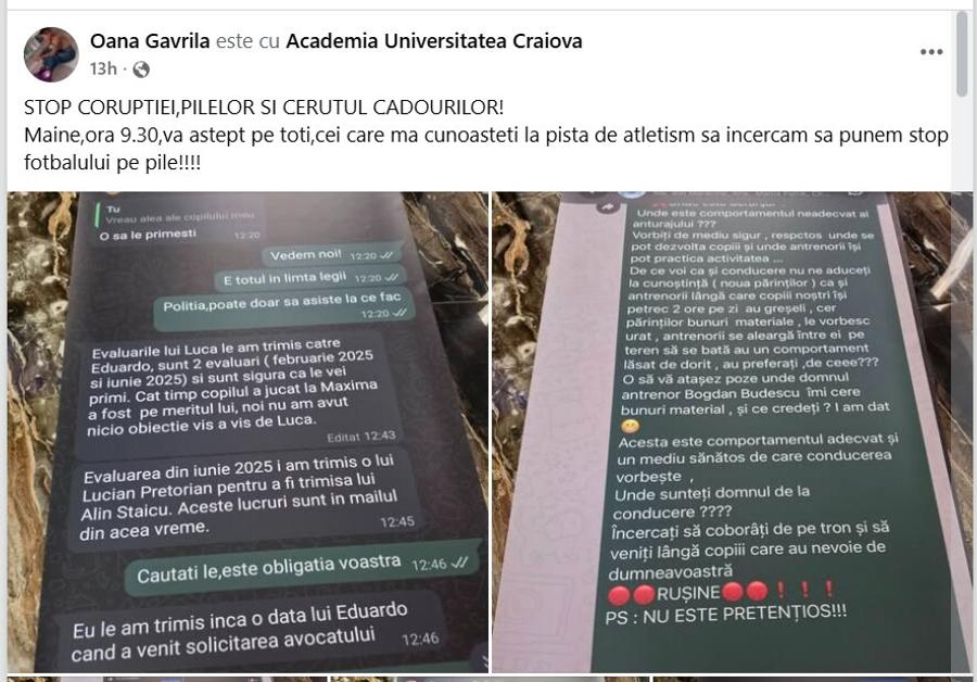 Chemarea la protestul anti-corupție lansat pe facebook de Oana Gavrilă cu ocazia turneului juvenil „Ilie Balaci” Acuzații de șpăgi și pile la Academia U Craiova: „Doamnă, aveți ceva adidași pentru mine?” + Lorena Balaci acuzată: „Mi-a cerut fără rușine”