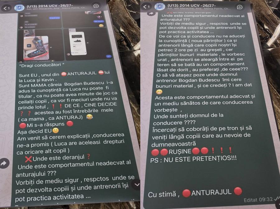 Mesajul pe care Oana Gavrilă susține că l-a postat pe grupul de WApp al Academiei U Craiova, grupa U13 Acuzații de șpăgi și pile la Academia U Craiova: „Doamnă, aveți ceva adidași pentru mine?” + Lorena Balaci acuzată: „Mi-a cerut fără rușine”