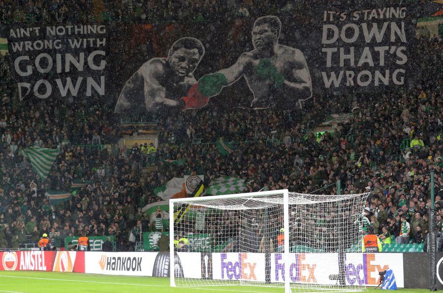 Scenografia fanilor lui Celtic // FOTO: Guliver/GettyImages CELTIC - CFR CLUJ // FOTO Jucătorii lui Celtic, motivați cu un citat al lui Muhammad Ali! Scenografie spectaculoasă a fanilor scoțieni