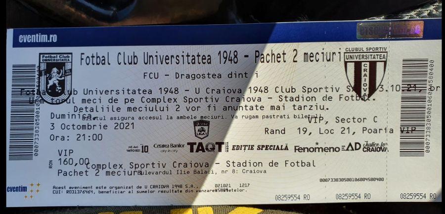 Două meciuri pe un bilet: așa arată tichetul VIP de la FCU Craiova – CSU Craiova FCU Craiova 1948, acuzată în ziua derby-ului cu CSU: „La limita legalității și, mai ales, a imoralității”