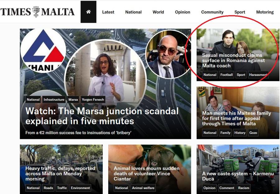 foto: captură Times of Malta Jurnaliștii din Malta scriu despre acuzațiile de hărțuire sexuală făcute de mama lui Răzvan Popa la adresa lui Devis Mangia la GSP Live