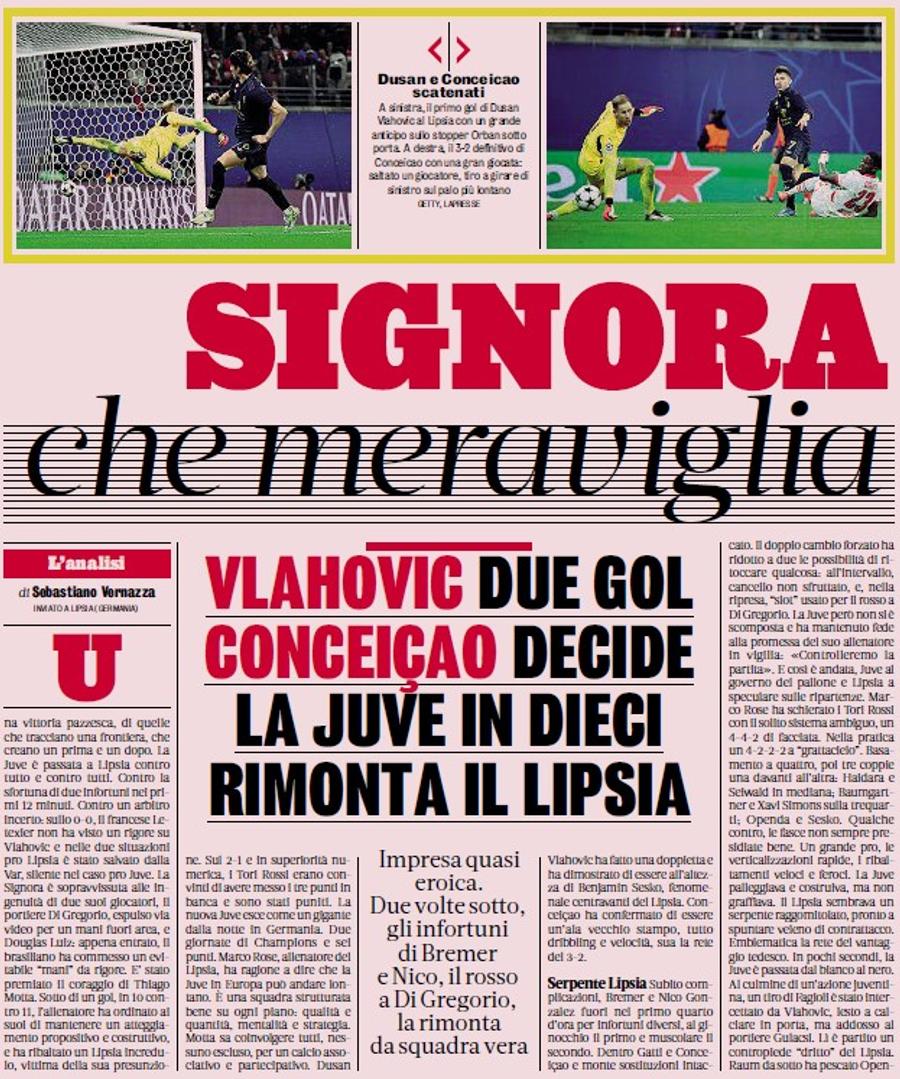 Titlul cronicii publicate astăzi ăn ediția tipărită de La Gazzetta dello Sport Tânăra Bătrână Doamnă a junelui-prim Thiago Motta. Episodul II